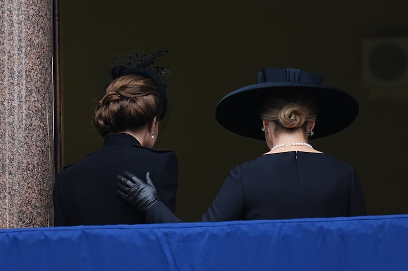 The Duchess of Edinburgh, right, put her hand on the Princess of Wales’s back as the pair left the service