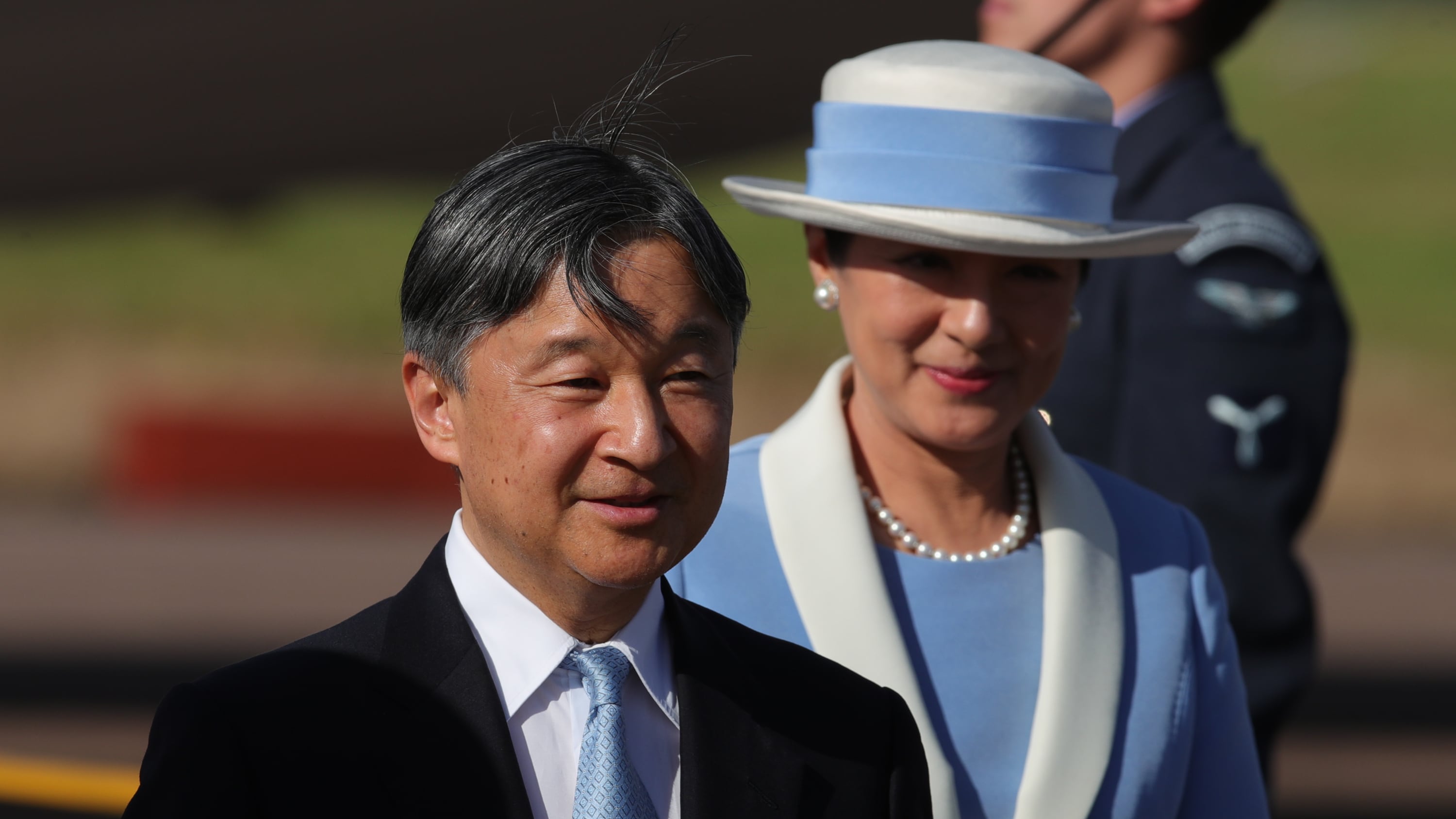 Emperor Naruhito and Empress Masako of Japan arrive at Stansted Airport