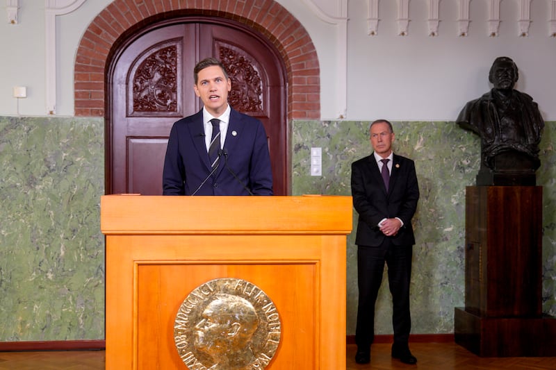 Jorgen Watne Frydnes announces the peace prize winner at a press conference in Oslo (Javad Parsa/NTB Scanpix via AP)