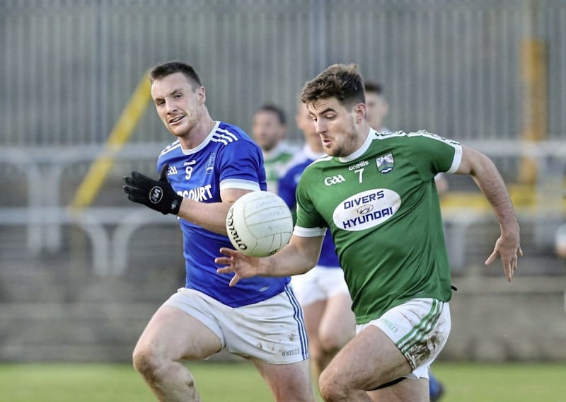 Gaoth Dobhair (Gweedore) Daire O&#39;Baoill with Leo McLoone of Naomh Conaill during the Donegal Senior Football Championship replay at Ballybofey on Sunday. Picture Margaret McLaughlin 27-10-2019. 