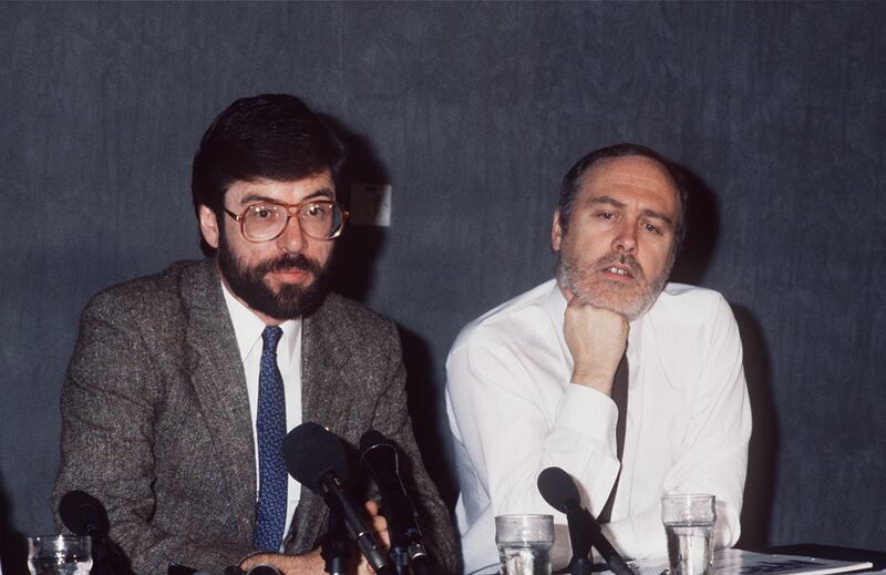 Gerry Adams and Danny Morrison at a press conference held in Belfast in October 1988 prior to the broadcasting ban being enforced