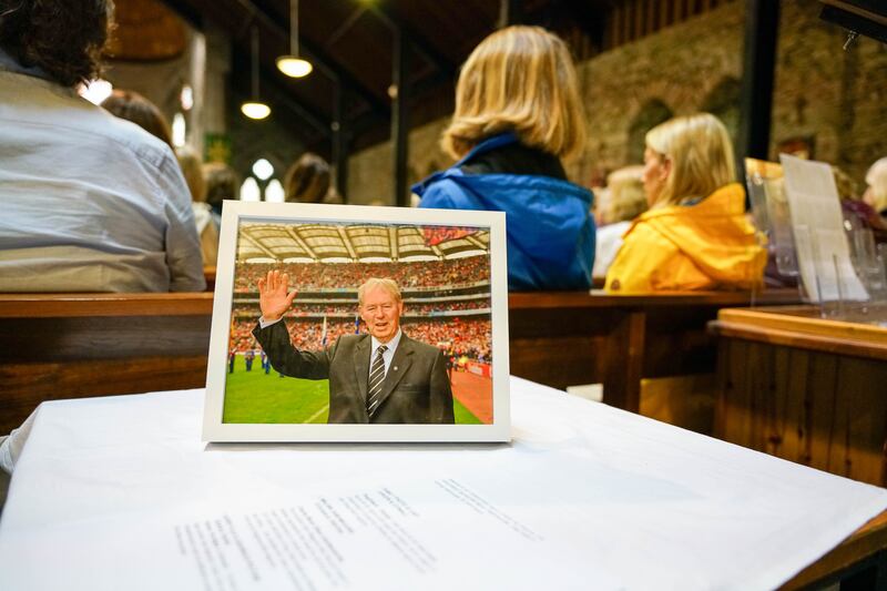 The photo on display during the funeral of Micheal O Muircheartaigh at St Mary’s Church in Dingle, Co Kerry