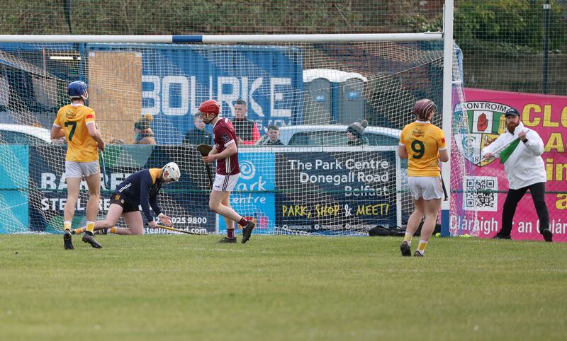 Antrim Concede a second goal against Galway during Sunday’s Allianz Hurling League Roinn 1 game at Corrigan Park in Belfast.
PICTURE: COLM LENAGHAN