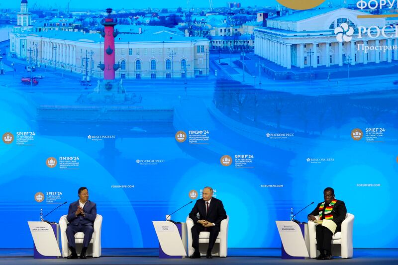 Russia’s President Vladimir Putin, Bolivia’s President Luis Arce, and Zimbabwe’s President Emmerson Mnangagwa (Anton Vaganov/AP)