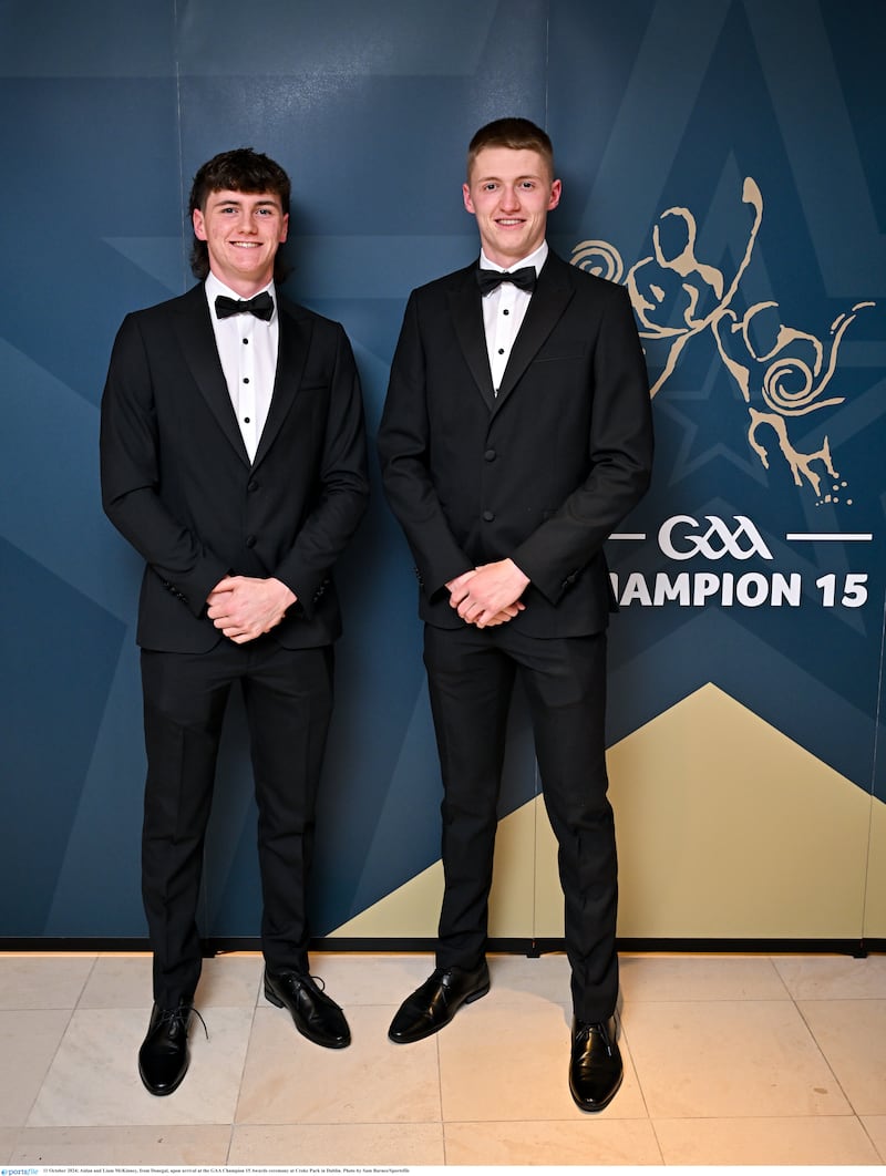 11 October 2024; Aidan and Liam McKinney, from Donegal, upon arrival at the GAA Champion 15 Awards ceremony at Croke Park in Dublin. Photo by Sam Barnes/Sportsfile