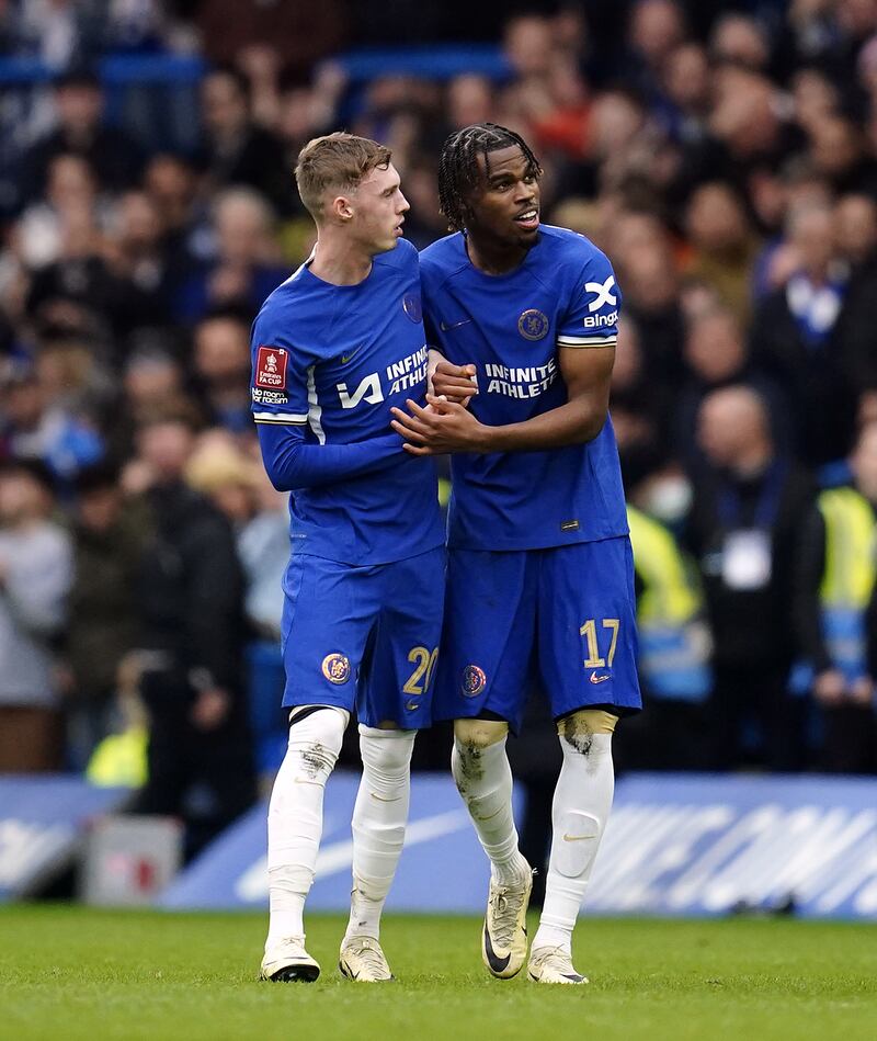 Chelsea’s Carney Chukwuemeka (right) celebrates with Cole Palmer