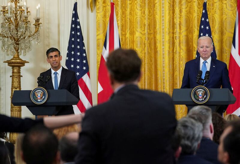 Prime Minister Rishi Sunak and US President Joe Biden take part in a joint press conference in the East Room at the White House