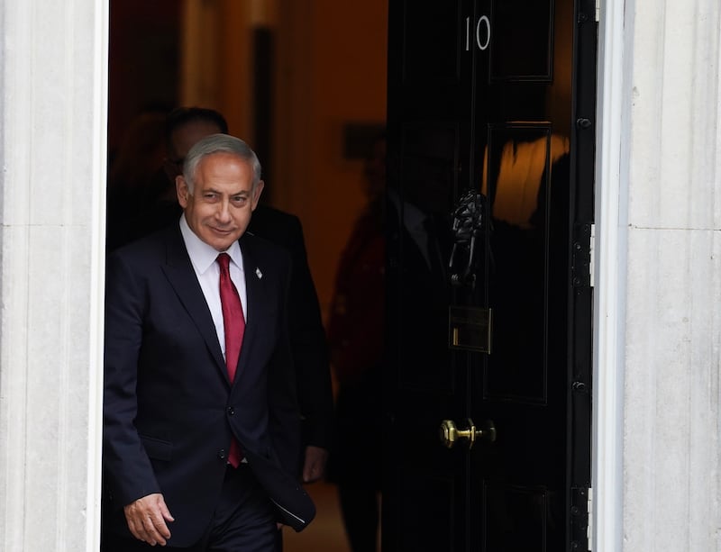 Israeli Prime Minister Benjamin Netanyahu leaves 10 Downing Street, London, following a meeting with Prime Minister Rishi Sunak