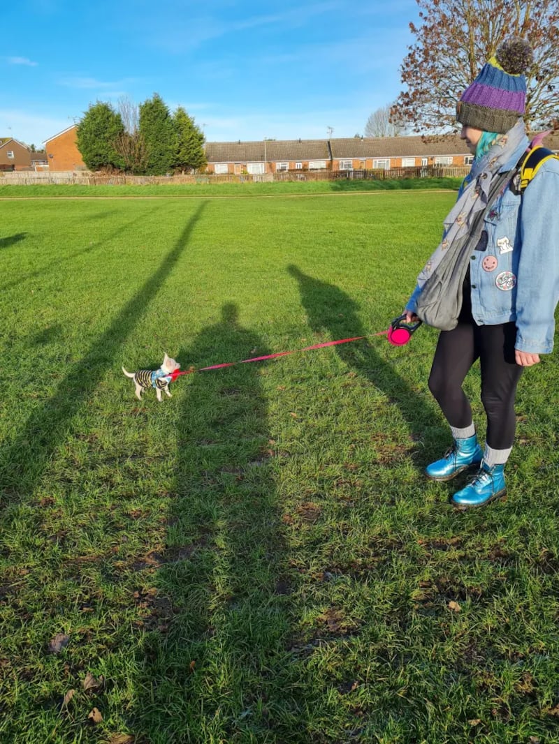 Rebekah Morris walking her dog, a chihuahua called Zero