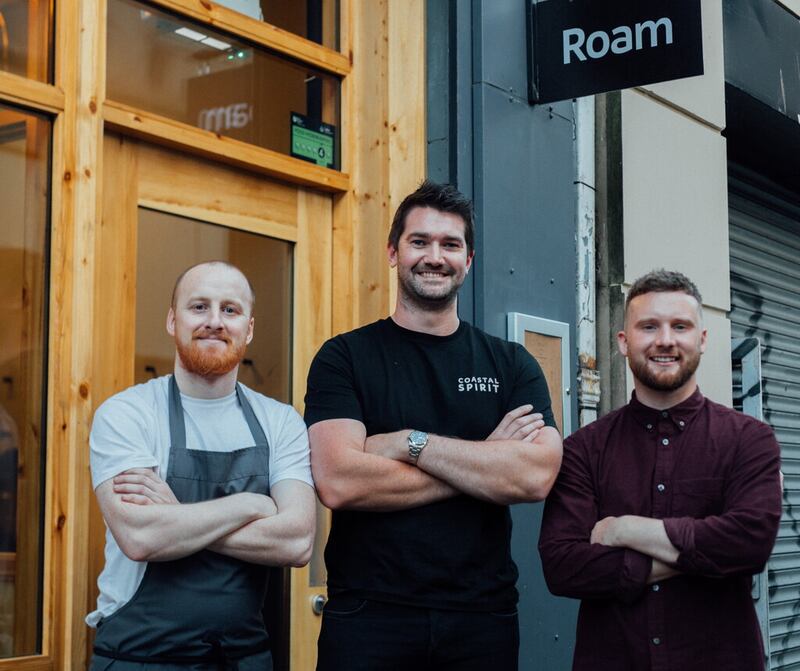 Copeland founder Gareth Irvine (centre) with Ryan Jenkins (left), owner and head chef of Roam, and Sam Wolsey (right), owner of Wild Heart Coffee Roasters.