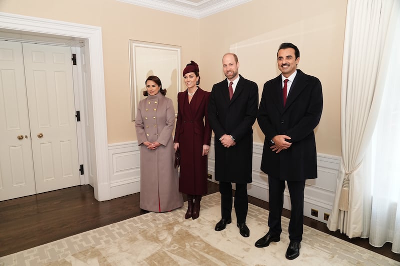 The Prince and Princess of Wales greet the Emir of Qatar Sheikh Tamim bin Hamad Al Thani (right) and his wife Sheikha Jawaher (left) in, London, on behalf of the King, before the ceremonial welcome at Horse Guards Parade, for their state visit to the UK. Picture date: Tuesday December 3, 2024.