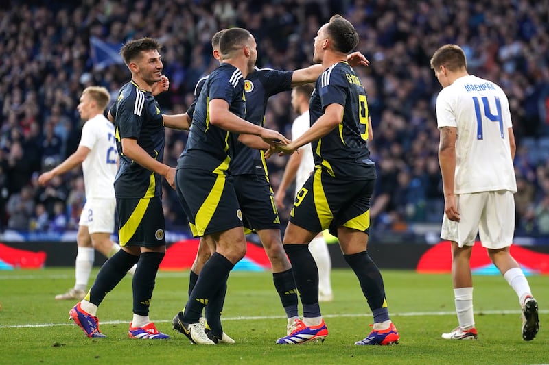 Scotland’s Lawrence Shankland (centre) was on target against Finland