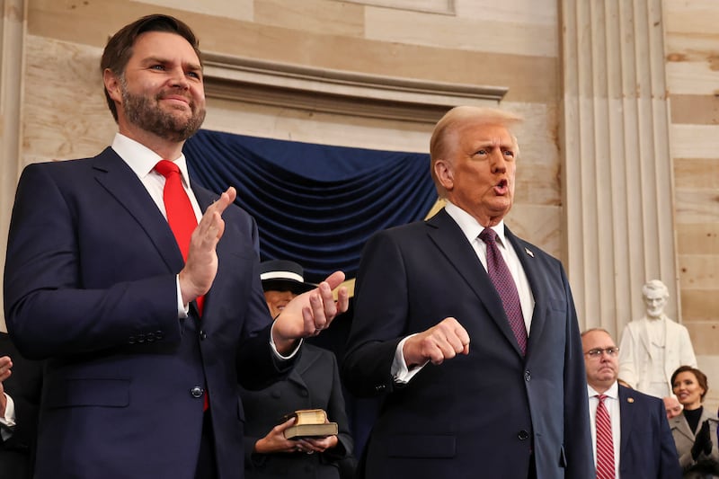 JD Vance and Donald Trump arrive during the 60th Presidential Inauguration in the Rotunda of the US Capitol in Washington (Chip Somodevilla/Pool Photo via AP)