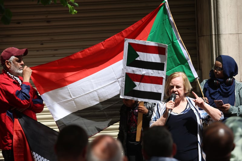 Bernadette Devlin McAliskey addresses a march and rally from Writers Square to the BBC headquarters in Belfast in support of the Sudanese and Palestinian people. PICTURE: MAL MCCANN