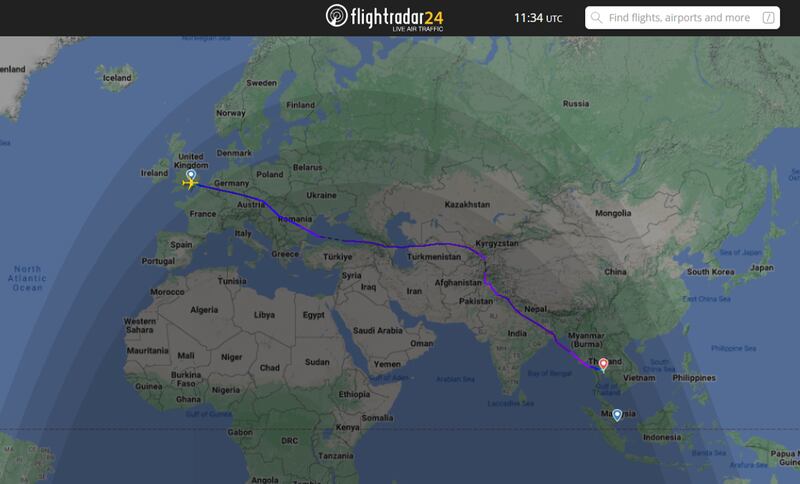 Screen grab taken from Flightradar24.com of the flightpath of Singapore Airlines flight SQ321