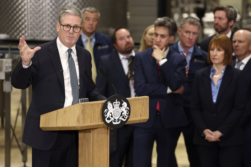 Prime Minister Sir Keir Starmer gives a speech during a visit to a manufacturing facility in Chester