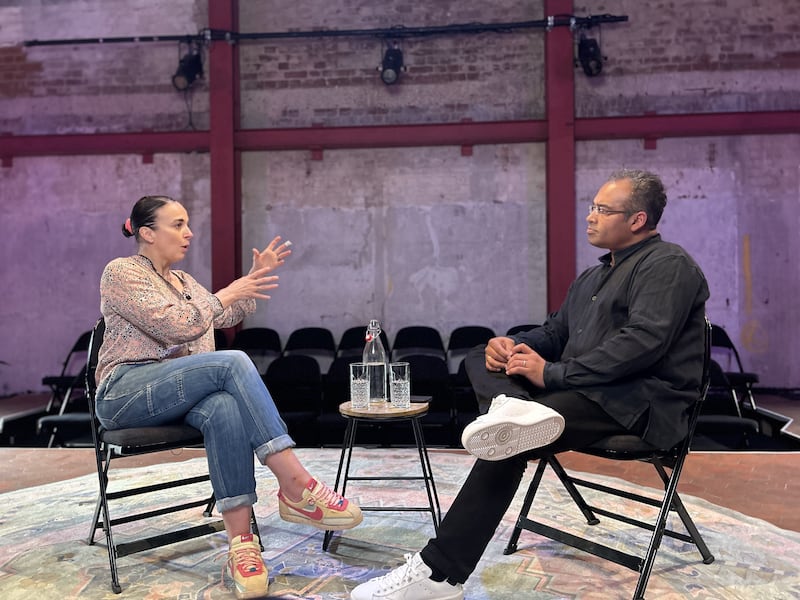 Amanda Abbington with Channel 4 News presenter Krishnan Guru-Murthy