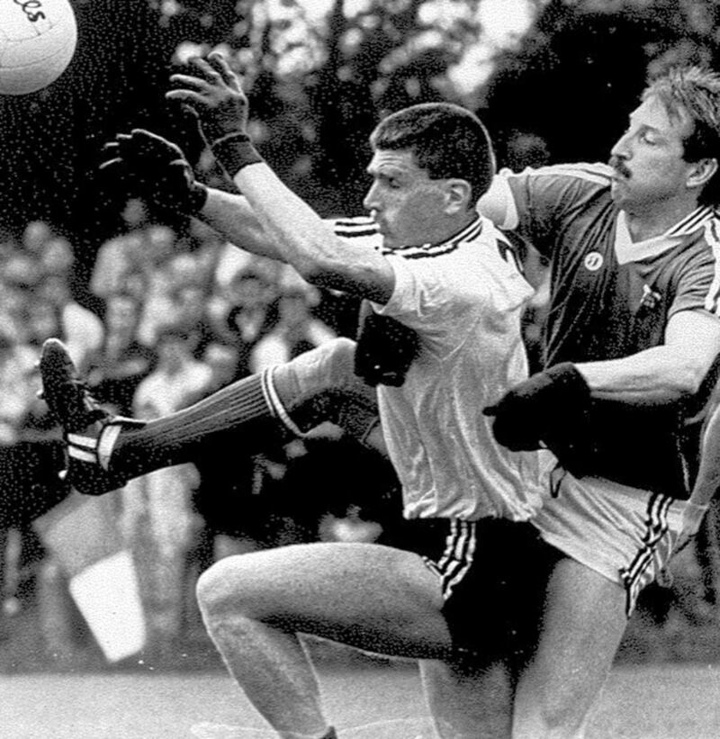 Up against Omagh full-back Paddy Quinn during his playing days with Na Fianna 