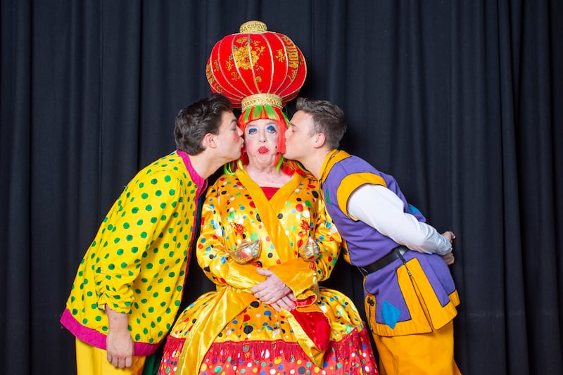 Aodhan Kehoe (Wishy Washy), Conal Gallen (Widow Twankey) and Dylan Reid (Aladdin) in The Millennium Forum Derry this Christmas