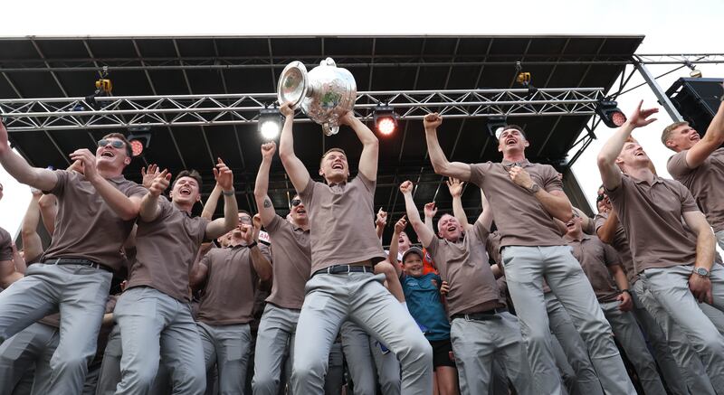 Armagh celebrate  with the fans at the Athletic grounds in Armagh on Monday, after winning the All Ireland.
PICTURE COLM LENAGHAN