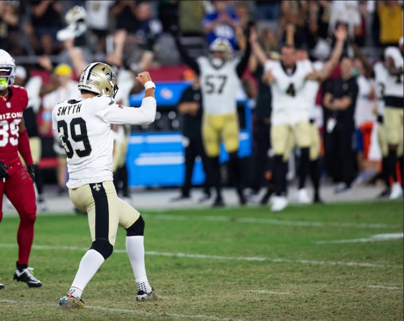 Charlie Smyth punches the air after making the winning field goal, his first in American football, against the Arizona Cardinals in the NFL preseason