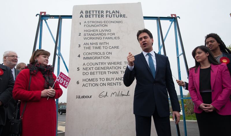 Ed Miliband’s pledge cards were overshadowed by the infamous ‘Ed Stone’, where Labour’s promises were carved into an 8ft 6in stone slab