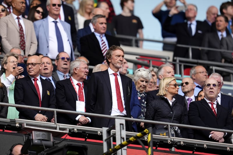 Sir Alex Ferguson (centre left) hailed United’s triumph but Sir Jim Ratcliffe (centre right) notably did not mention Ten Hag by name