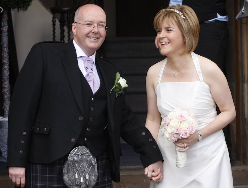 Nicola Sturgeon with her husband Peter Murrell following their wedding service at Oran Mor in Glasgow in 2010