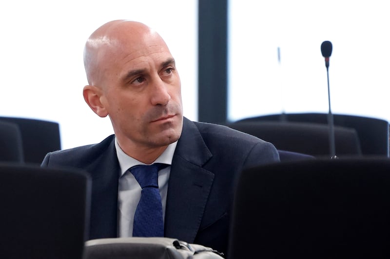 The former president of Spain’s soccer federation Luis Rubiales sits in a courtroom on the outskirts of Madrid (Chema Moya, Pool photo via AP)