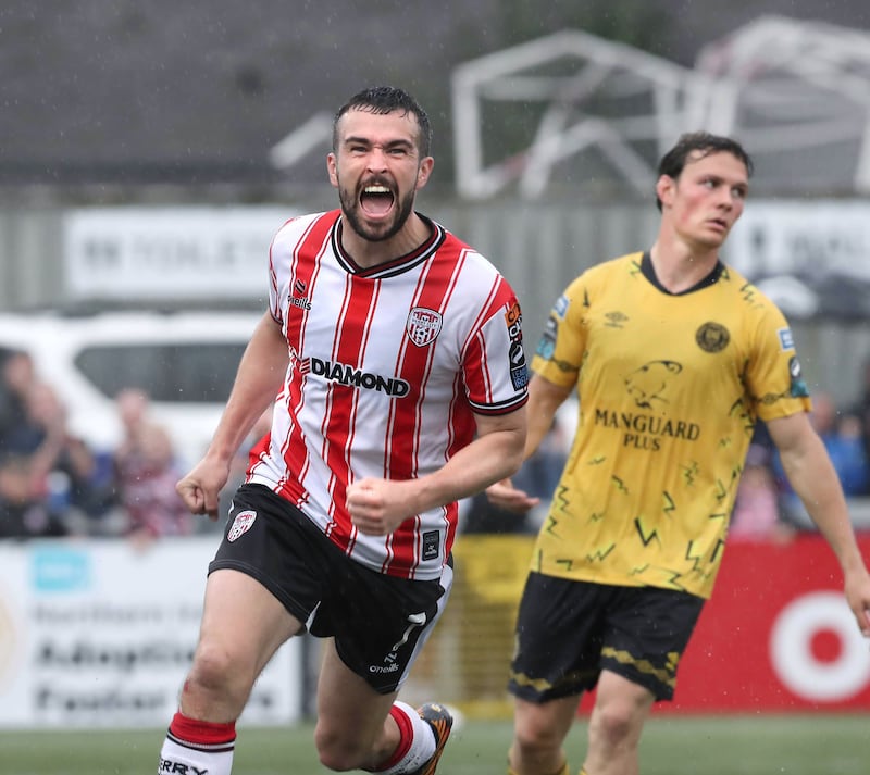 Derry City Michael Duffy celebrates his goal against St Patrick's Athletic during the FAI Cup match at the Brandywell on Sunday. Picture Margaret McLaughlin  21-7-2024