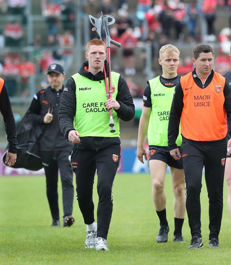 Armagh players wore 'Care of Caolan' bibs as they prepared for last Sunday's game in Derry. Picture: Margaret McLaughlin