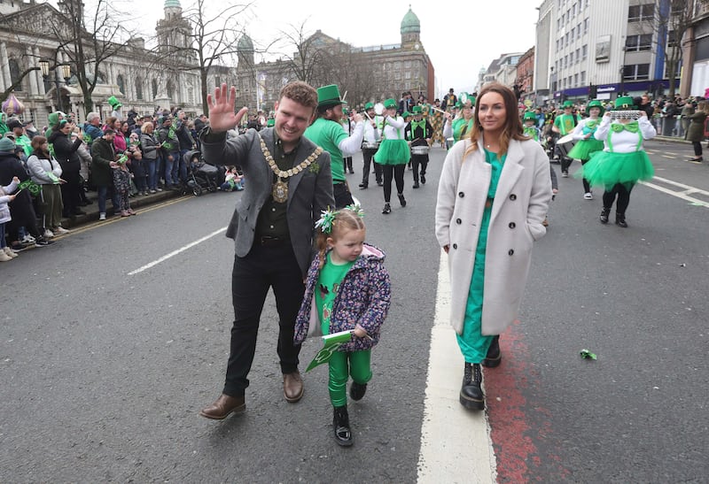 Performers entertain the crowd as  Thousands line the streets for the St Patrick’s day Parade in Belfast on Sunday.
PICTURE COLM LENAGHAN