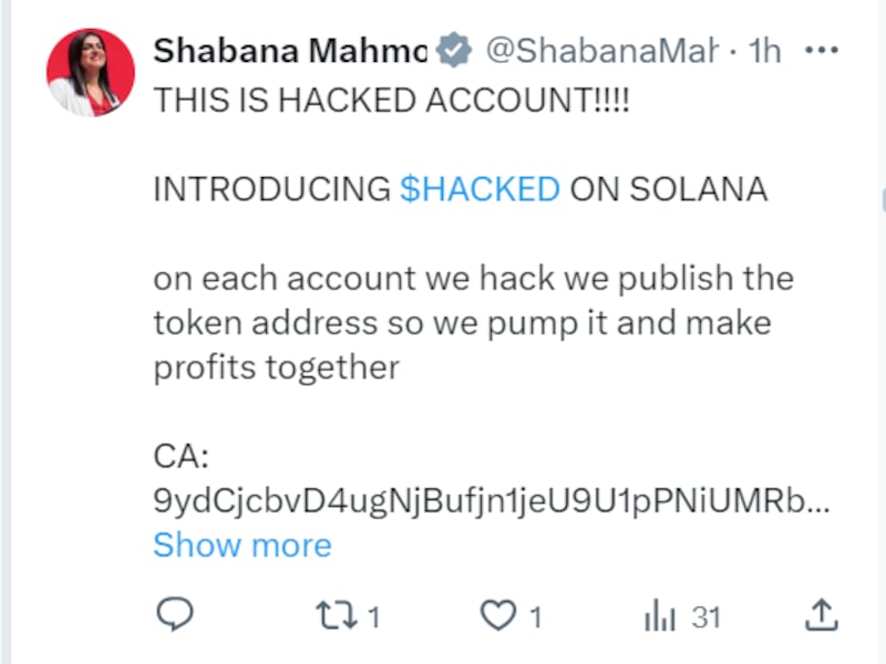 Screenshot of the hacking message displayed on several accounts X pages (X screenshot)