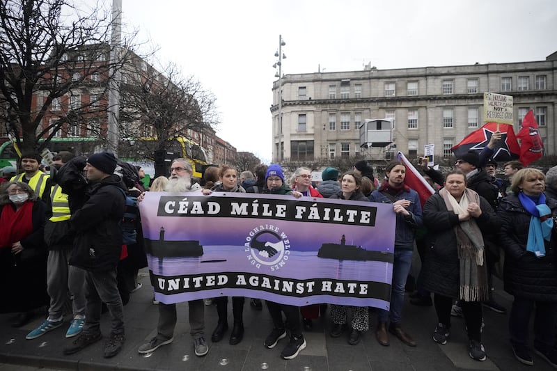 Protesters take part in the United Against Racism pro-refugee rally on O’Connell Street