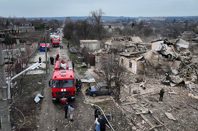 Officials work at the site of Russia’s air attack, in Zaporizhzhia, Ukraine (Telegram Channel of Head of Zaporizhzhia Regional Military Administration Ivan Fedorov via AP)