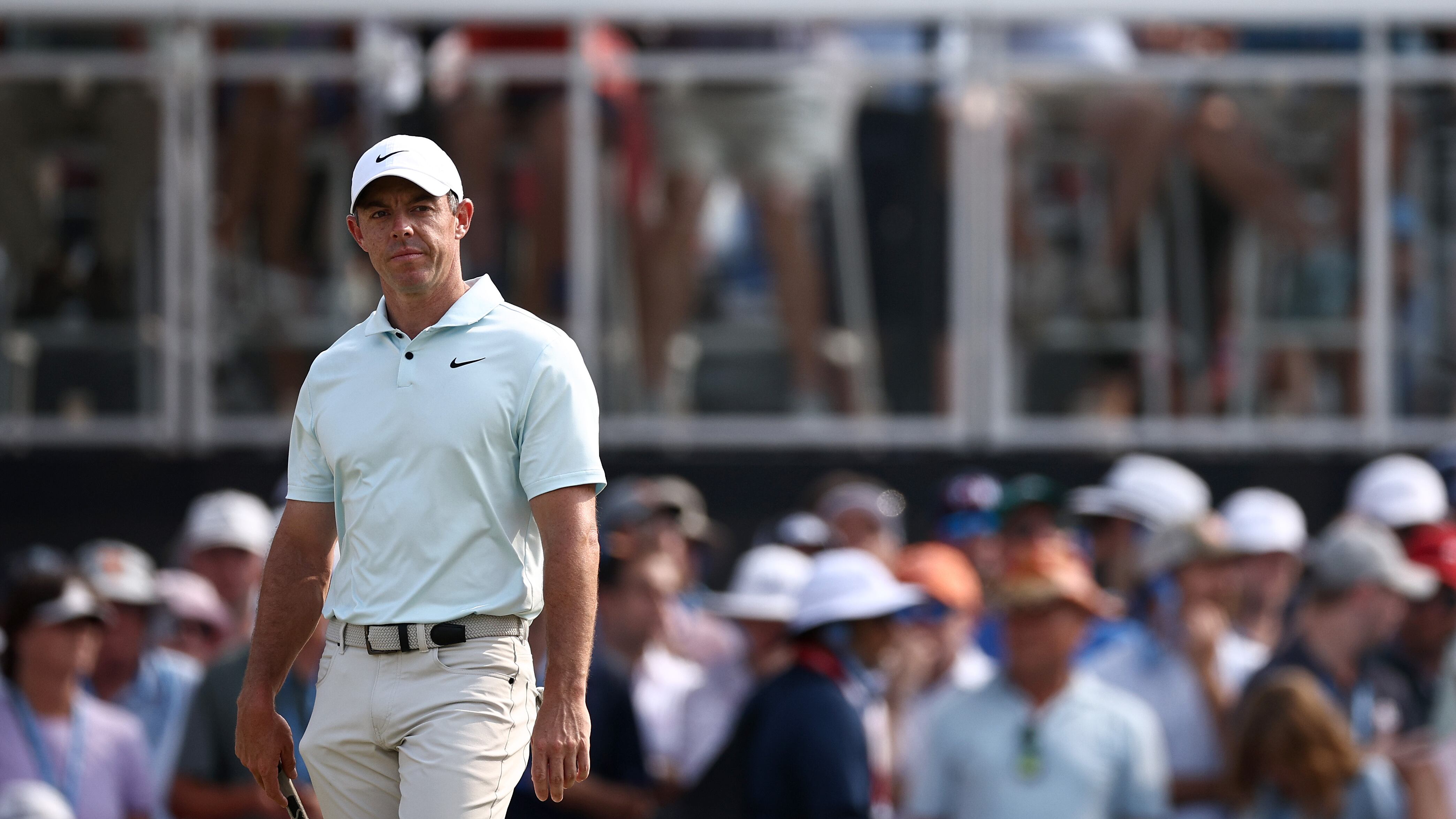 PINEHURST, NORTH CAROLINA - JUNE 16: Rory McIlroy of Northern Ireland reacts on the 13th green during the final round of the 124th U.S. Open at Pinehurst Resort on June 16, 2024 in Pinehurst, North Carolina. (Photo by Jared C. Tilton/Getty Images)