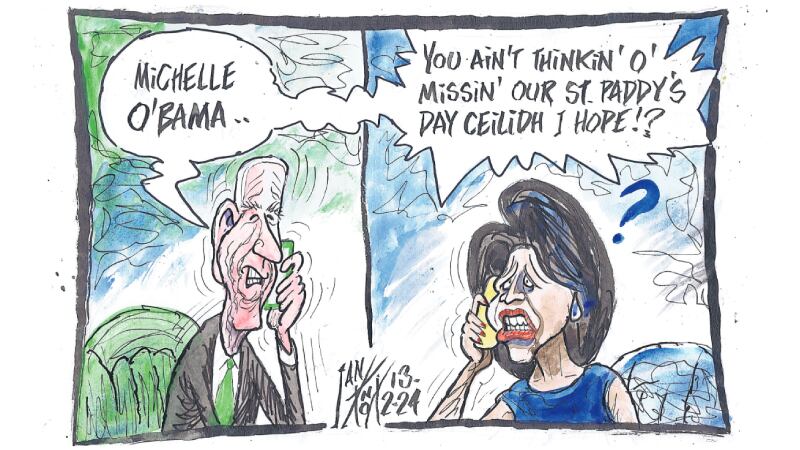 Cartoon showing split-screen view of Joe Biden speaking on a telephone with Michelle Obama. He asks her if she is coming to his St Patrick's Day celebrations and calls her 'Michelle O'bama'. She looks thoroughly confused