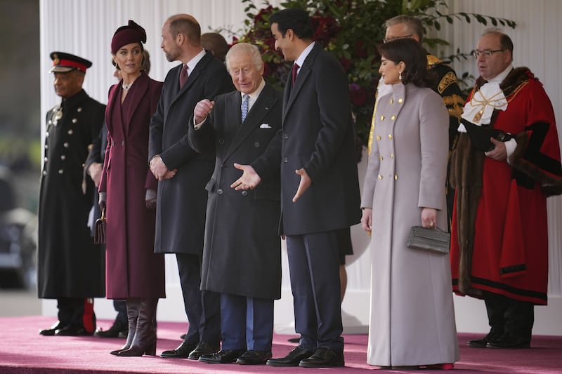 The Prince and Princess of Wales, the King, the Emir of Qatar Sheikh Tamim bin Hamad Al Thani and his wife Sheikha Jawaher during a ceremonial welcome at Horse Guards Parade