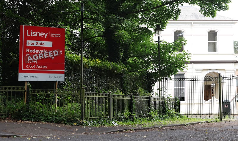 A Sale Agreed sign out The Department for the Economy's former headquarters - Netherleigh House.
PICTURE COLM LENAGHAN