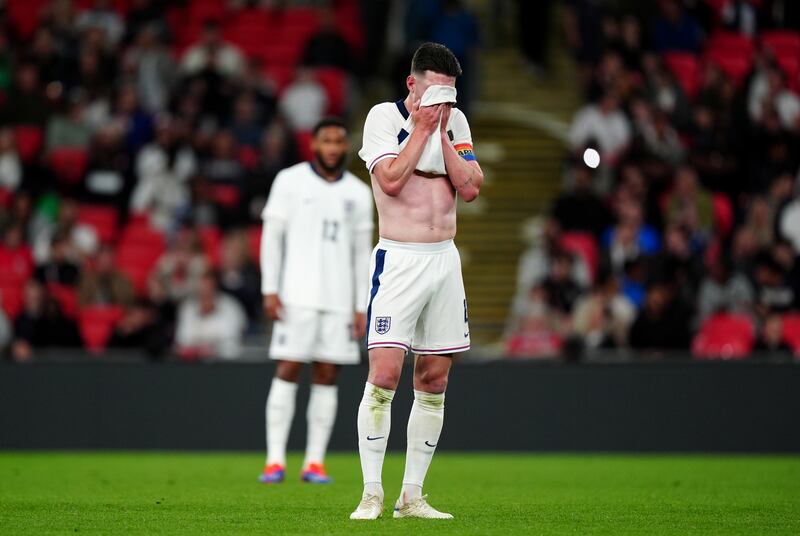 England midfielder Declan Rice reacts after the defeat to Iceland at Wembley
