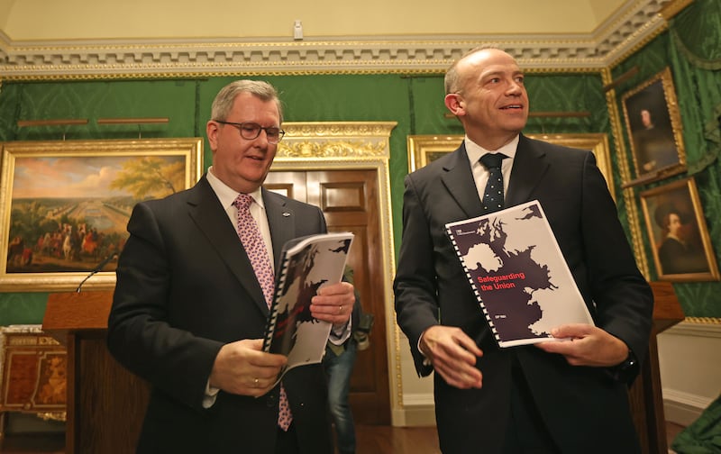 DUP Leader Jeffrey Donaldson and Secretary of State Chris Heaton-Harris hold a joint press conference at Hillsborough Castle on Wednesday.
 PICTURE: COLM LENAGHAN