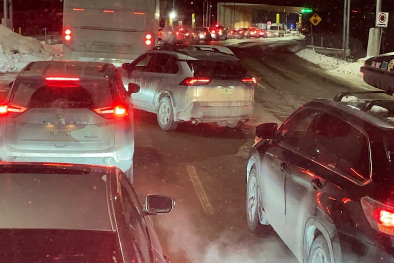 Traffic at the US-Canada border in Stanstead, Quebec after the shooting in Vermont, US (Chloe Jones/AP)