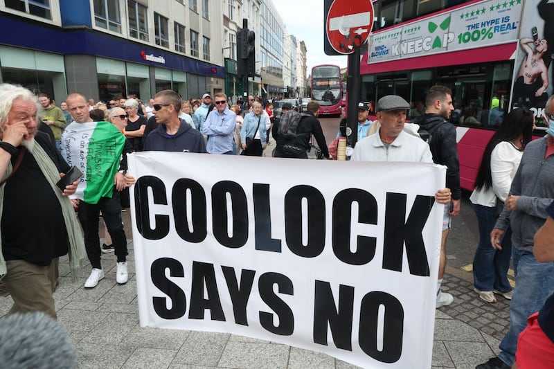 A banner from anti-asylum seeker protests in Coolock, Co Dublin appeared at an anti-Islam demonstration in Belfast city centre on Saturday.