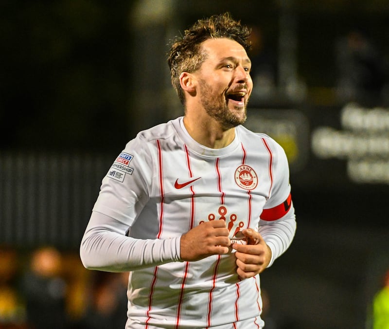 Tomas Cosgrove after equalising for Larne against Cliftonville at Solitude on Friday night