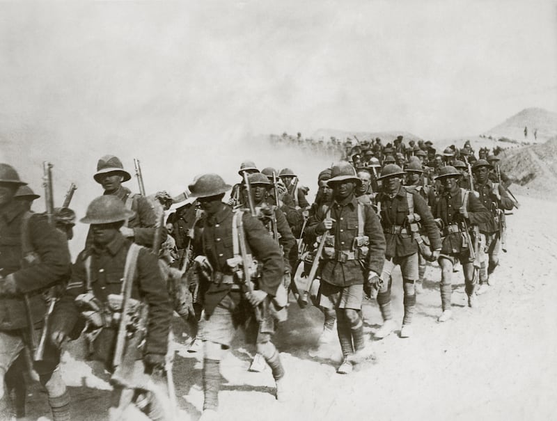 British troops march through Mesopotamia during the First World War. Picture: FPG/Hulton Archive/Getty Images