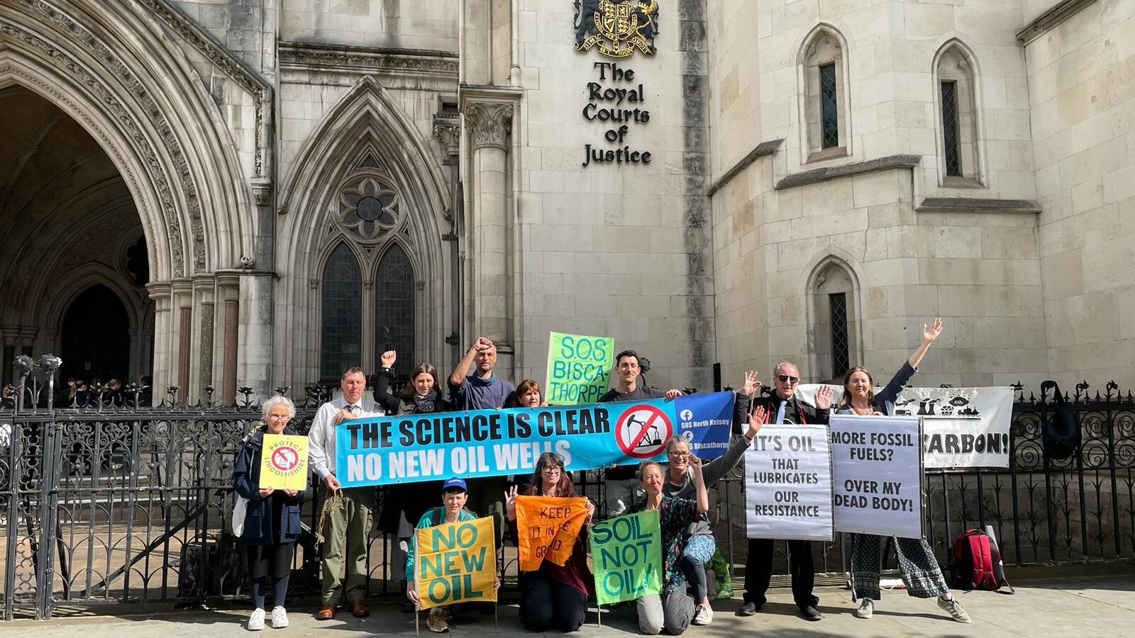Protesters outside the Royal Courts of Justice, central London, who are challenging plans to drill for oil at an Area of Outstanding Natural Beauty in the Lincolnshire Wolds