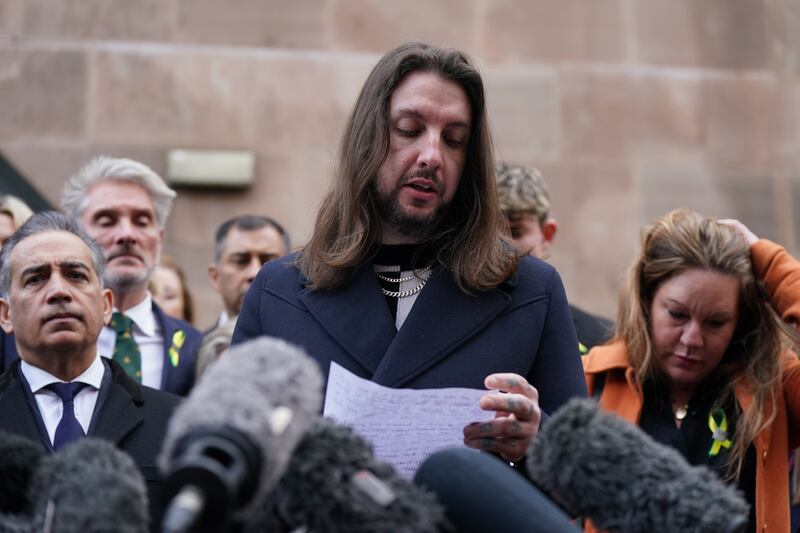 Ian Coates’ son, James, making a statement outside court