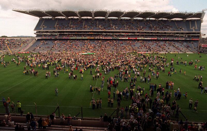 Offaly supporters on the Croke Park pitch