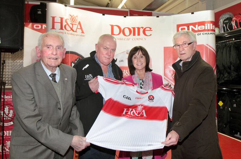 Derry GAA main sponsors Hugh and Anne McWilliams together with former Derry legends Roddy Gribbin and Jim McKeever at a jersey launch in 2015. Picture: Margaret McLaughlin