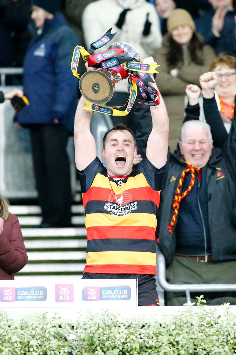 Cullyhanna's captain Pearse Casey raises the All-Ireland Intermediate title in Croke Park Picture: Philip Walsh